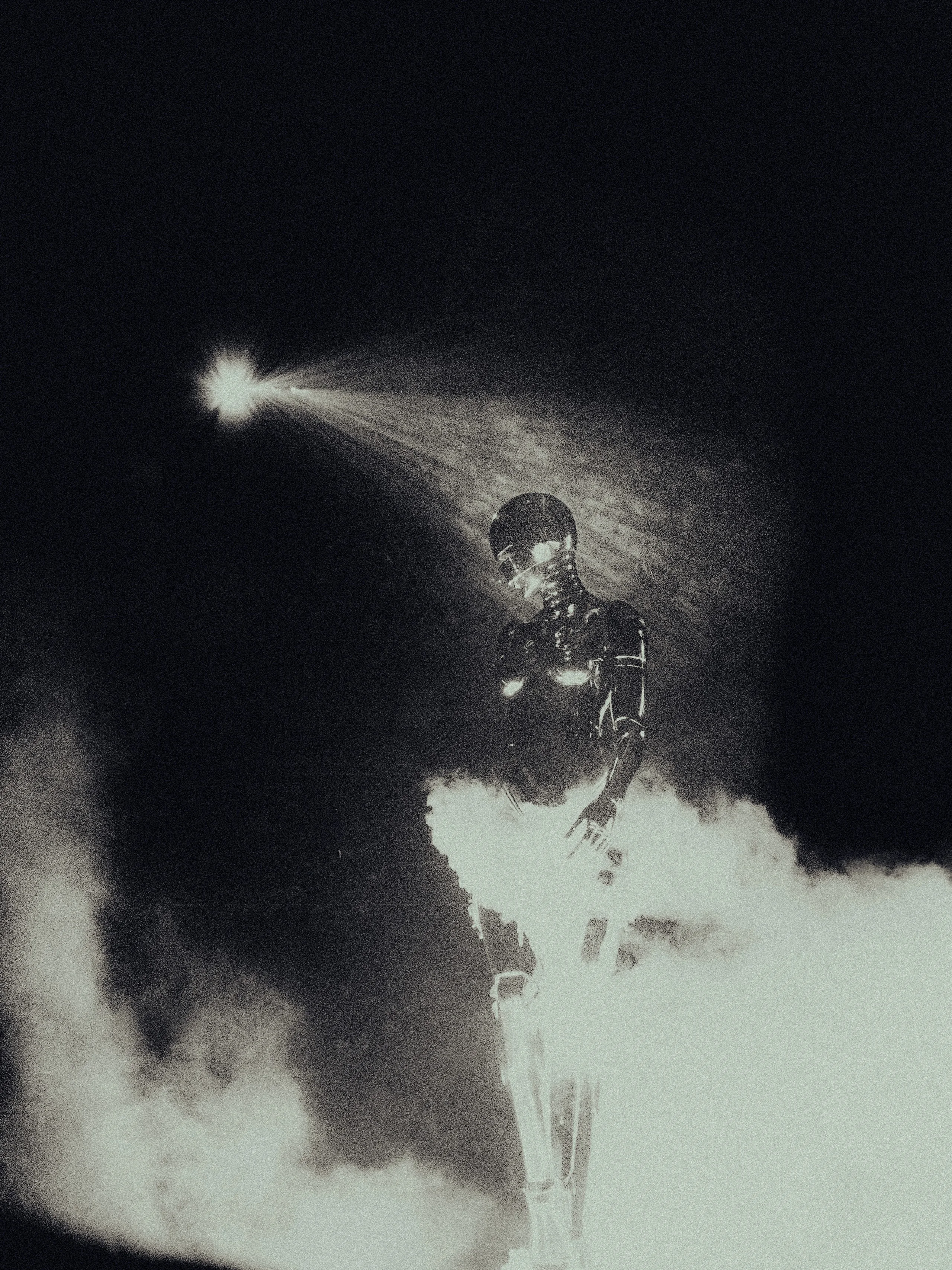 Black and white photo of a soroyama statue in dramatic lighting